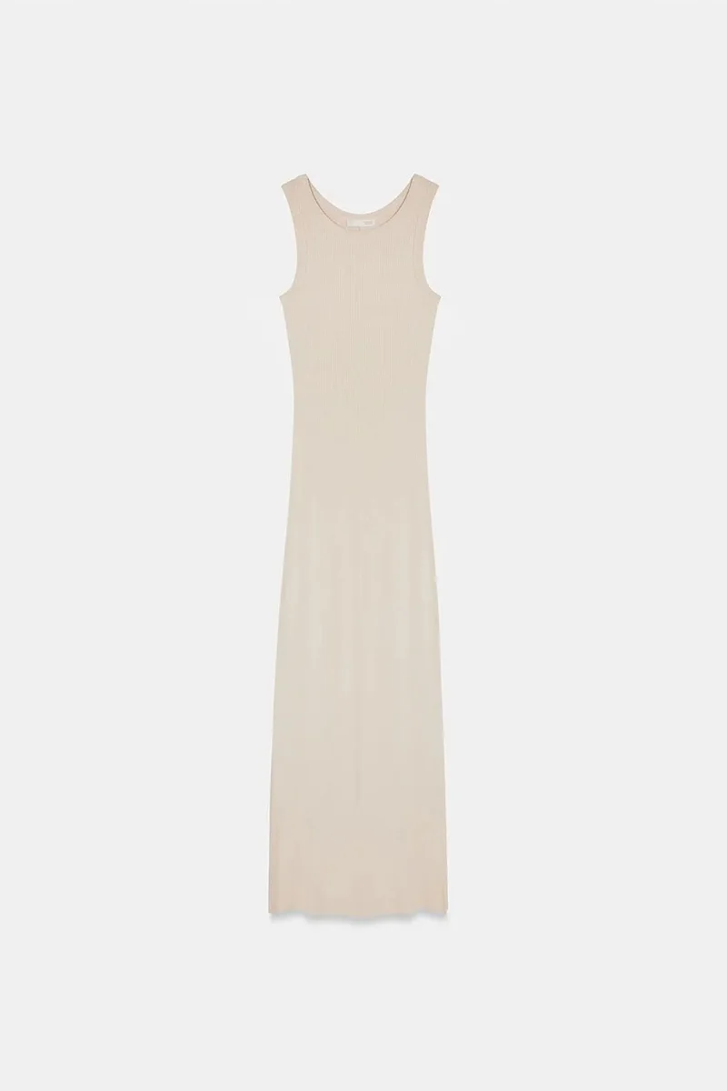 Dilvin Oatmeal Natural DILVIN Ribbed Sleeveless Bodycon Maxi Dress for Women | Best Price UAE