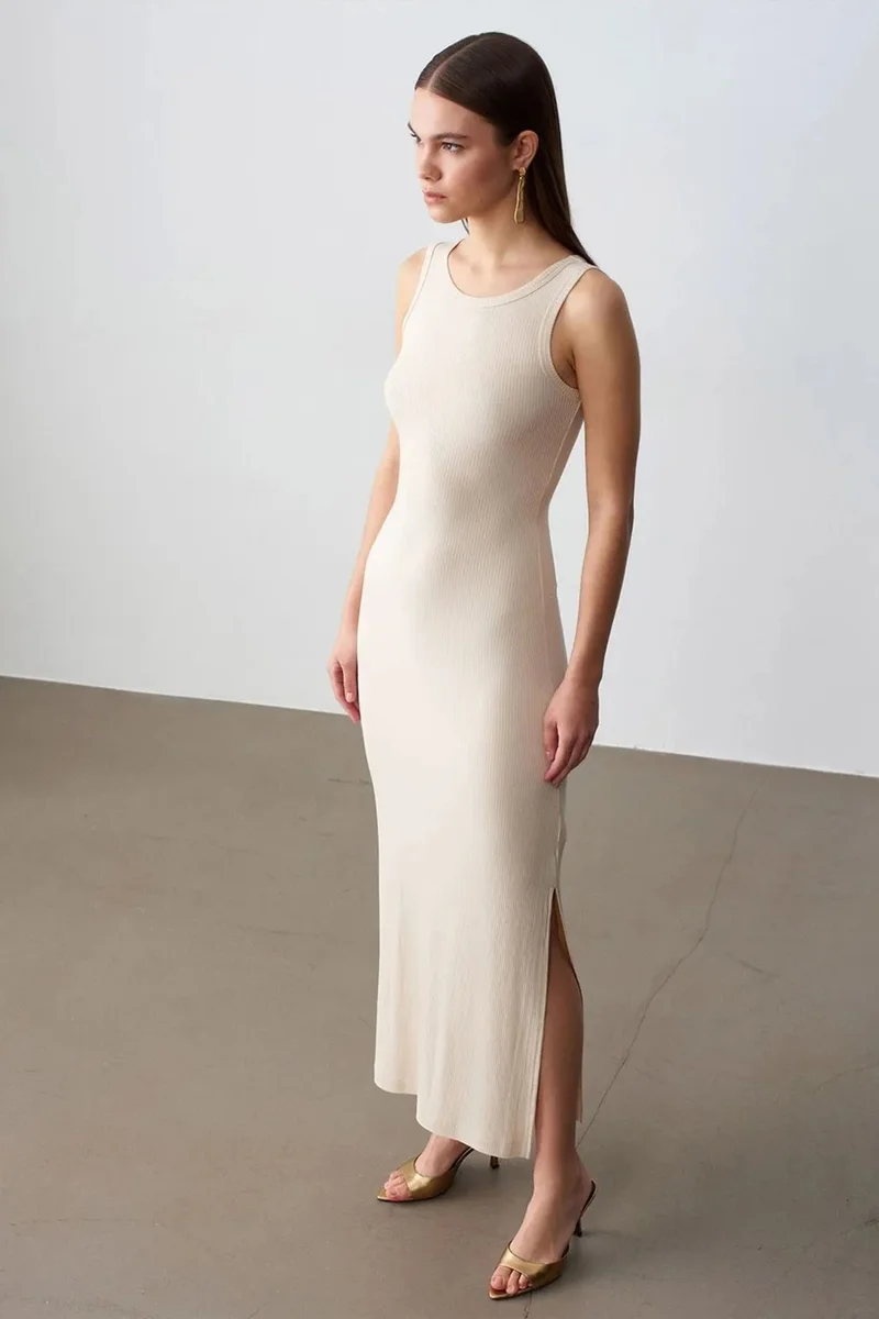 Dilvin Oatmeal Natural DILVIN Ribbed Sleeveless Bodycon Maxi Dress for Women | Best Price UAE