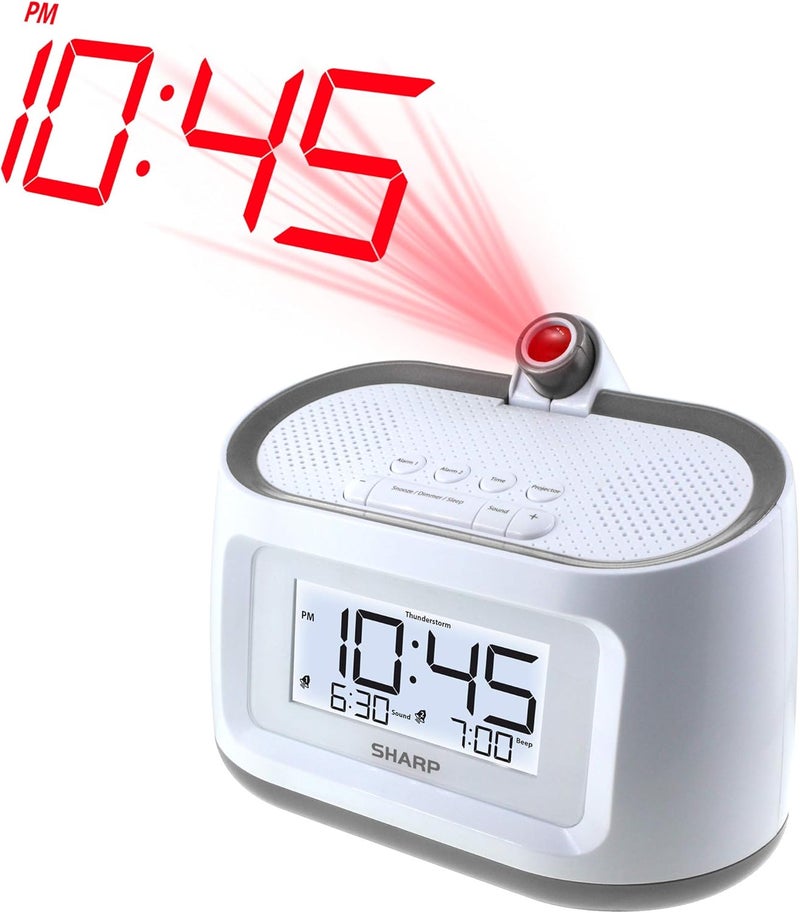 SHARP Projection Alarm Clock with Soothing Nature Sleep Sounds – Easy to Read Projection on Wall or Ceiling – 8 Sleep Sounds to Help Fall Asleep Faster, White Case with Gunmetal Trim - Image 2