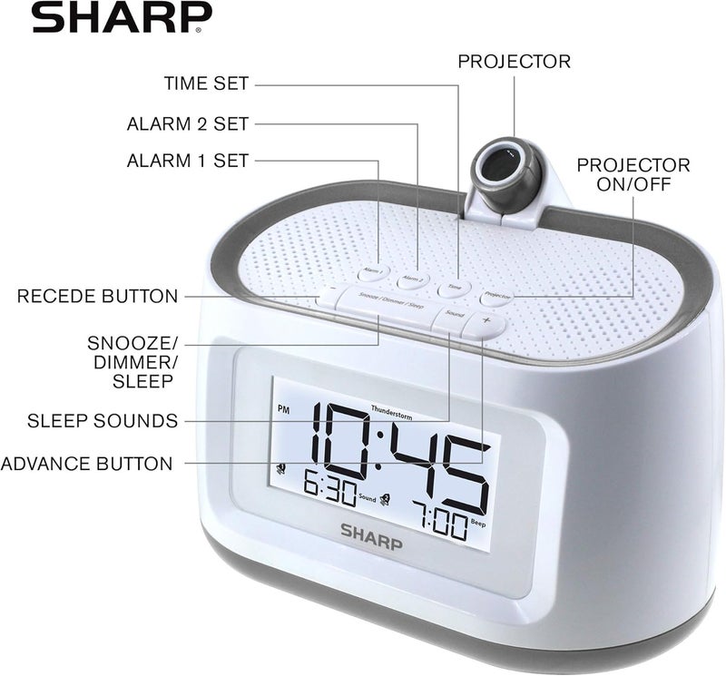 SHARP Projection Alarm Clock with Soothing Nature Sleep Sounds – Easy to Read Projection on Wall or Ceiling – 8 Sleep Sounds to Help Fall Asleep Faster, White Case with Gunmetal Trim - Image 4