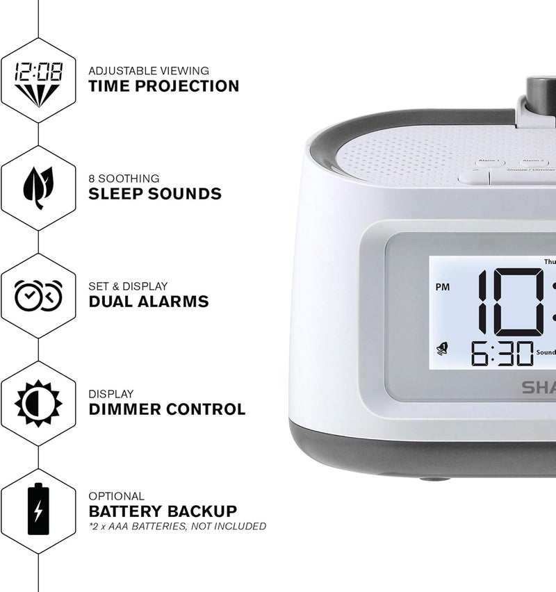 SHARP Projection Alarm Clock with Soothing Nature Sleep Sounds – Easy to Read Projection on Wall or Ceiling – 8 Sleep Sounds to Help Fall Asleep Faster, White Case with Gunmetal Trim - Image 3