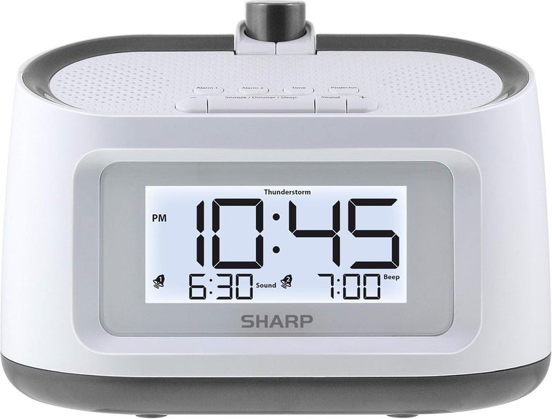 SHARP Projection Alarm Clock with Soothing Nature Sleep Sounds – Easy to Read Projection on Wall or Ceiling – 8 Sleep Sounds to Help Fall Asleep Faster, White Case with Gunmetal Trim - Image 1