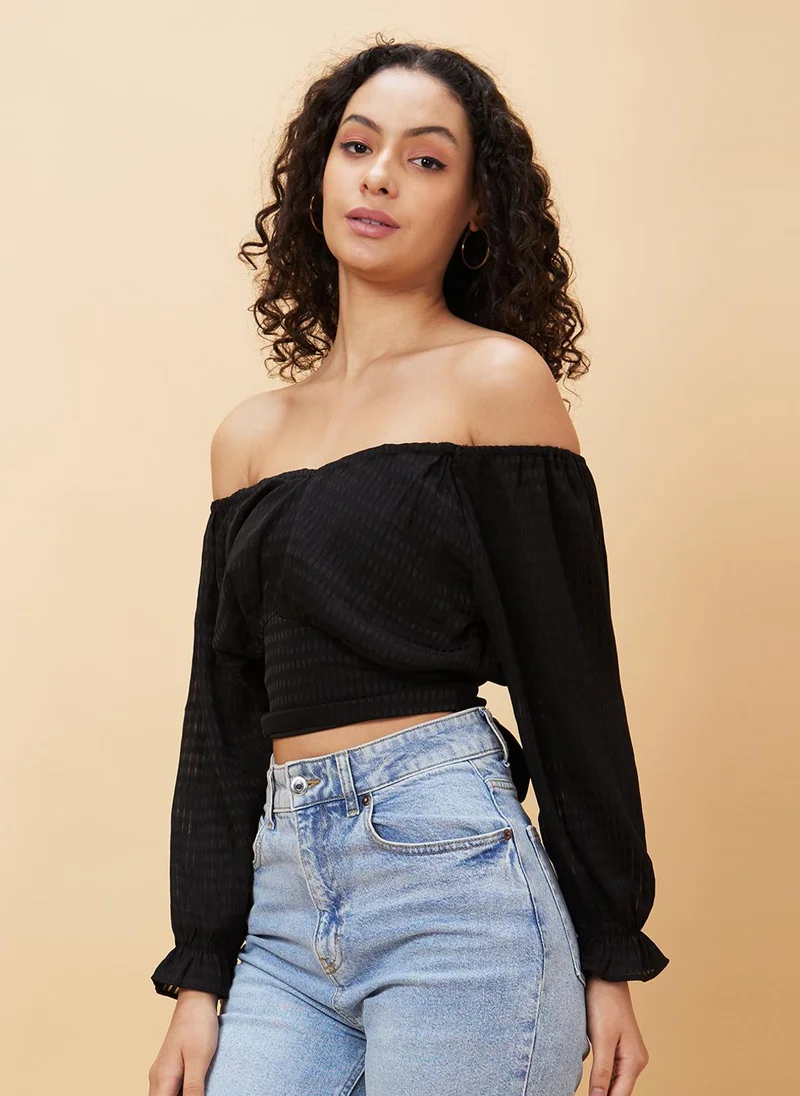 globus Globus Women Black Self Designed Off-Shoulder Waist Tie-Ups Detailed Crop Top
