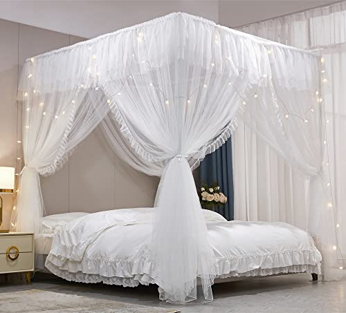 VETHIN 4 Corners Post Ruffle Princess Bed Canopy CurtainDouble Layer Cozy Drape Netting 4 Opening Mosquito Net for Girls Adults Bedroom Decoration WhiteWhite 47 W78 L82 HTwin