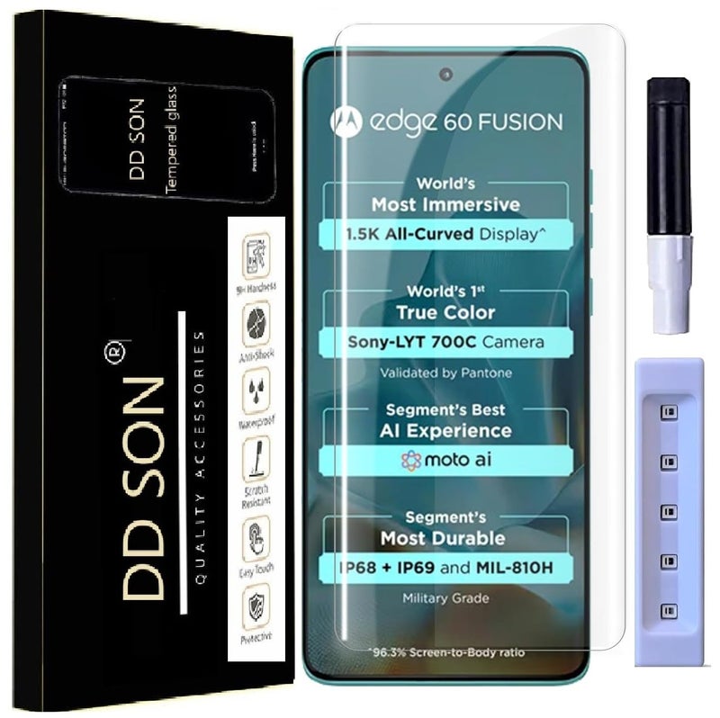 DD SON UV HD+ Tempered Glass Screen Protector Guard Compatible For Motorola Edge 60 Fusion 5G (6.67 Inch, Pack of 1) Full Adhesive UV Curved Case Friendly HD+ Clarity - Image 1