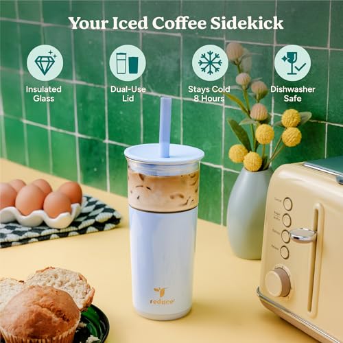 REDUCE Aspen 20 oz Vacuum Insulated Glass Tumbler with Lid Extra Wide Straw Keeps Drinks Cold for 12 Hrs Ideal for Iced Coffee Smoothies Boba Dishwasher Safe Soft Base Matcha - Image 3