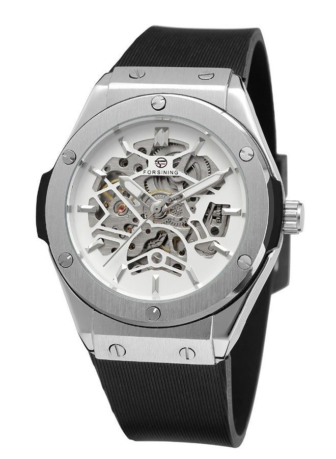 FORSINING ​​Forsining Men's Mechanical Watch - Silver Case & Movement, Skeleton Design, Semi-Automatic Hand-Winding Movement for Business, Casual & Formal Occasions​​ - Image 1