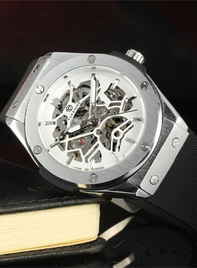 FORSINING ​​Forsining Men's Mechanical Watch - Silver Case & Movement, Skeleton Design, Semi-Automatic Hand-Winding Movement for Business, Casual & Formal Occasions​​ - Image 2