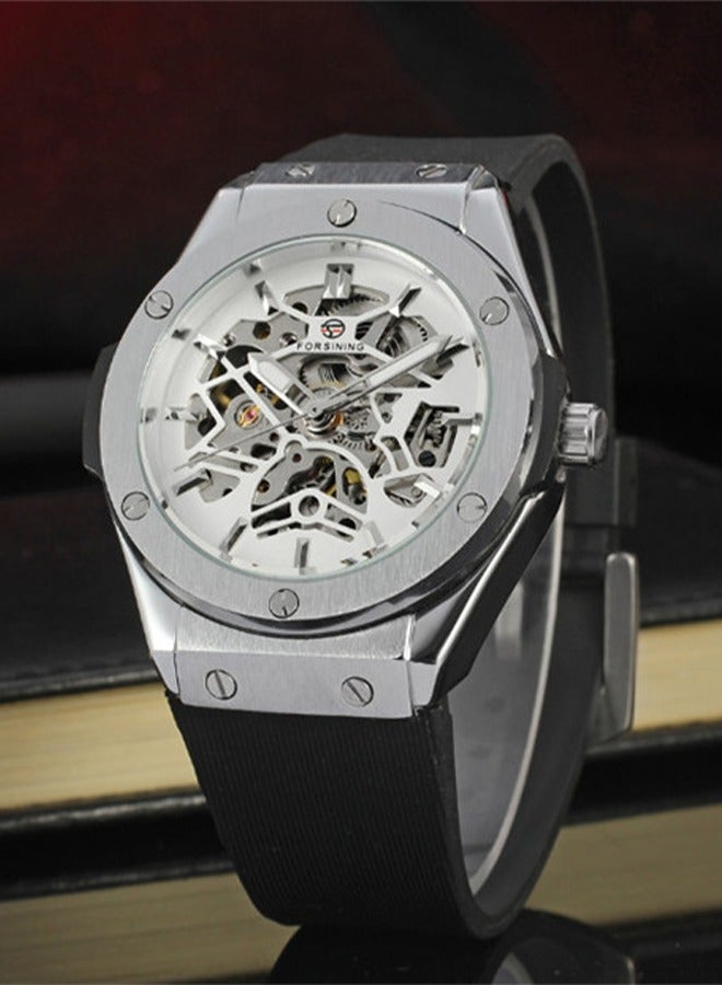 FORSINING ​​Forsining Men's Mechanical Watch - Silver Case & Movement, Skeleton Design, Semi-Automatic Hand-Winding Movement for Business, Casual & Formal Occasions​​ - Image 3