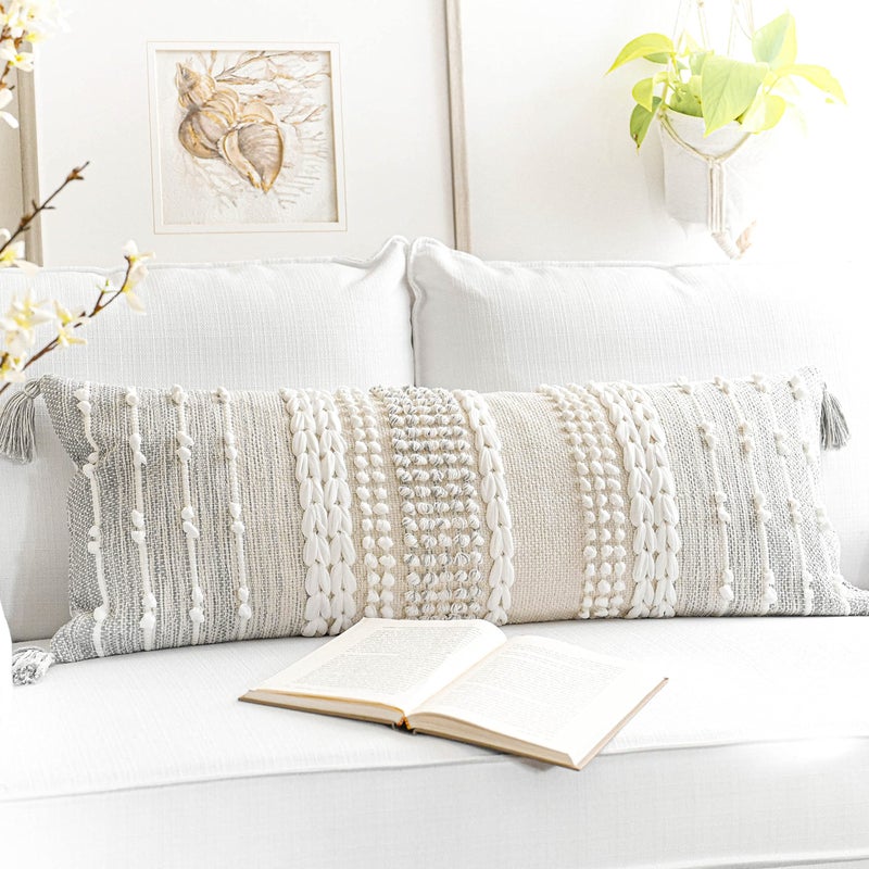 BlissBlush Gray Decorative Lumbar Pillow Cover 14x36 Boho Long Throw Pillow for Bed Accent Lumbar Throw Pillow Case Modern Farmhouse Textured Lumbar Cushion Cover ONLY
