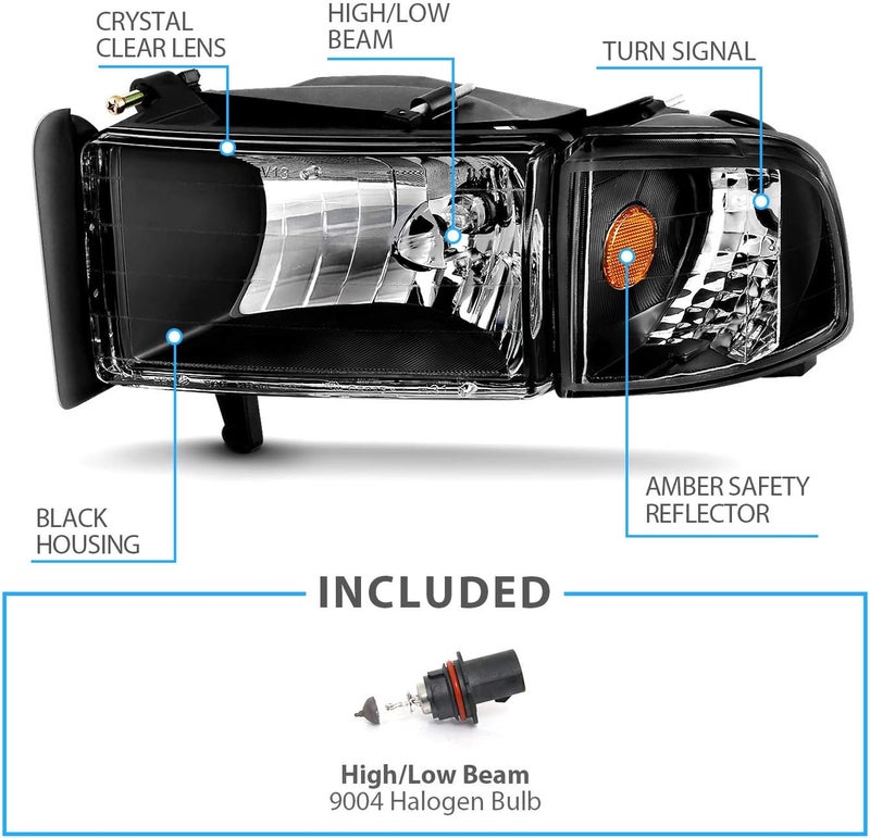 AmeriLite Replacement Headlights Assembly with Corner Light Set for Dodge Ram 1500 2500 3500 (1994-2001) - Black - Image 5