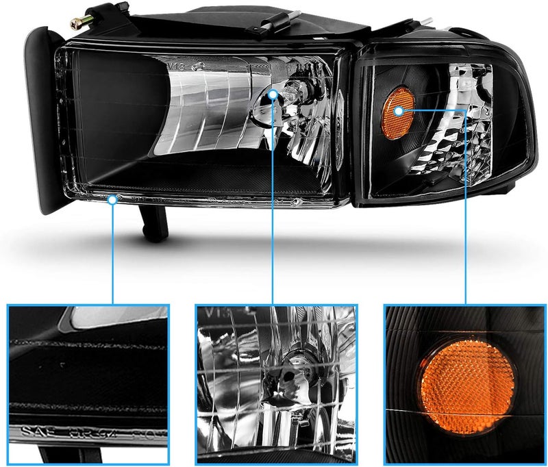 AmeriLite Replacement Headlights Assembly with Corner Light Set for Dodge Ram 1500 2500 3500 (1994-2001) - Black - Image 4