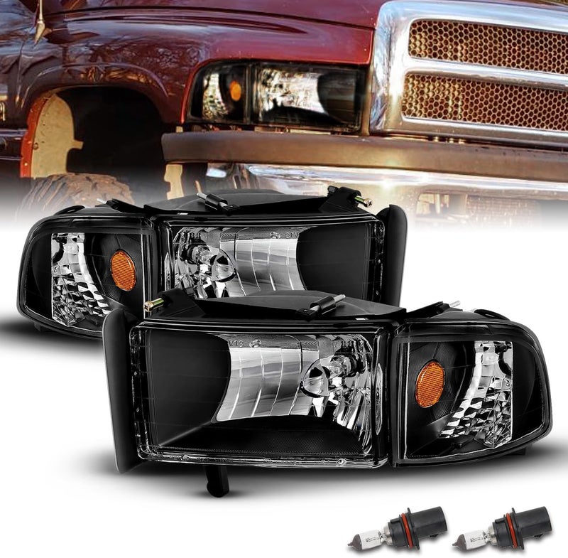 AmeriLite Replacement Headlights Assembly with Corner Light Set for Dodge Ram 1500 2500 3500 (1994-2001) - Black - Image 2