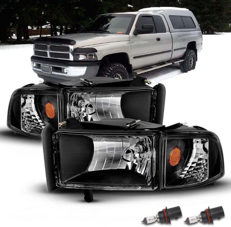 AmeriLite Replacement Headlights Assembly with Corner Light Set for Dodge Ram 1500 2500 3500 (1994-2001) - Black - Image 1