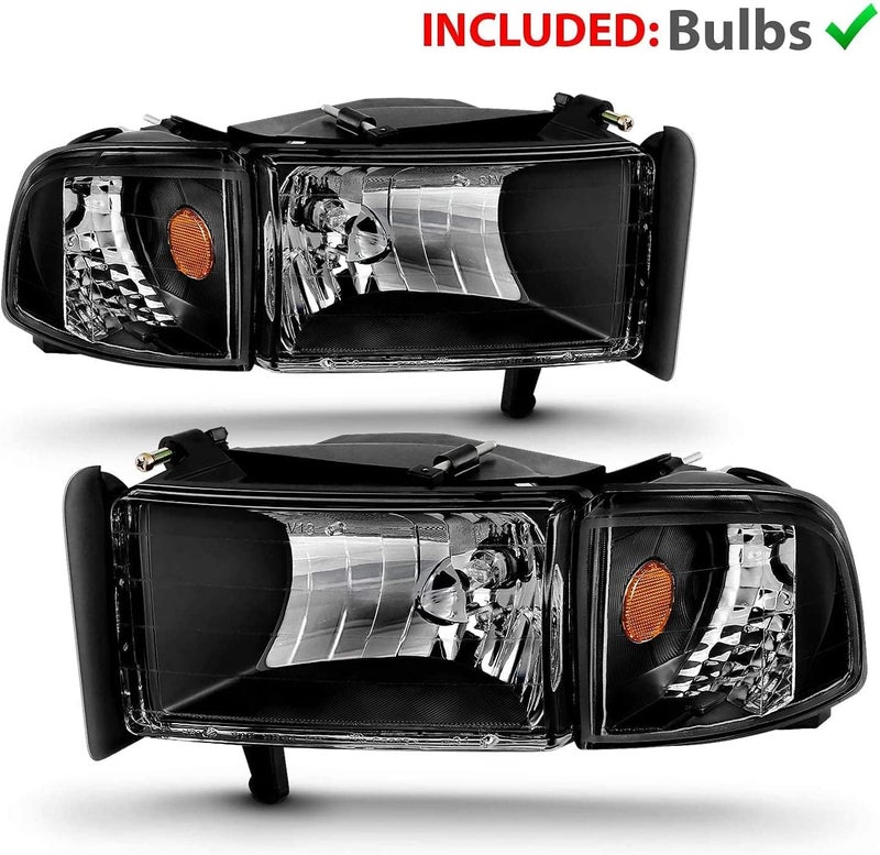 AmeriLite Replacement Headlights Assembly with Corner Light Set for Dodge Ram 1500 2500 3500 (1994-2001) - Black - Image 3