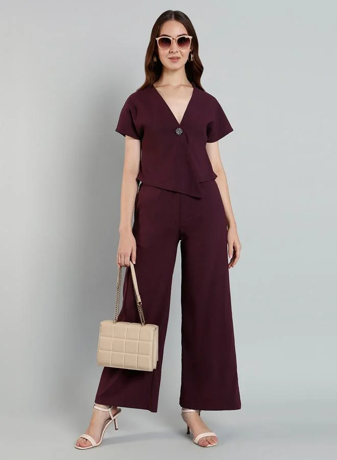 Mish Brooch Detail Top and Wide Leg Trousers Co-Ords
