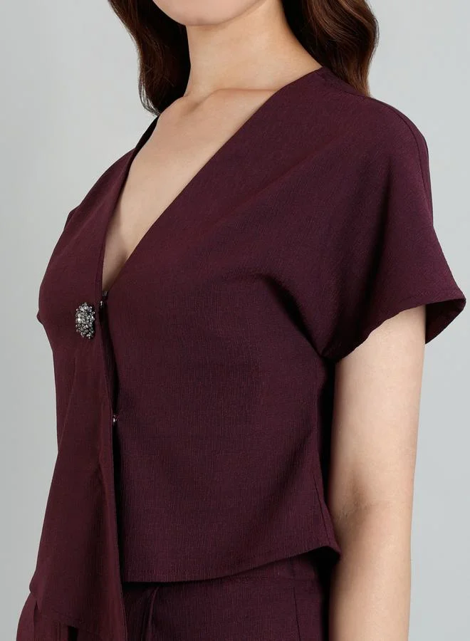 Mish Brooch Detail Top and Wide Leg Trousers Co-Ords