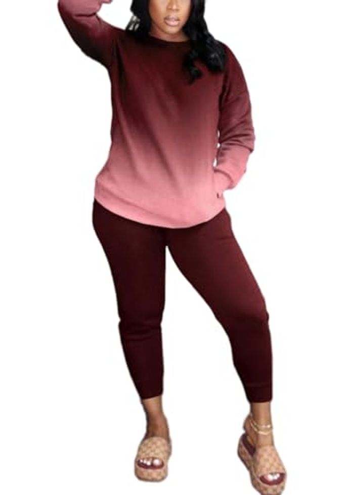 HBQ Two Piece Outfits For Women Casual Long Sleeve Sweatsuits Jogger Tracksuits Lounge Sets With Pockets-Gradient Wind Red-Xl-Large - Image 3