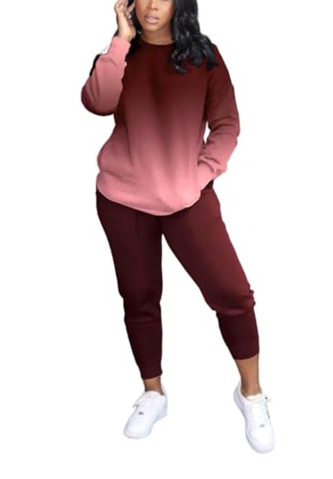 HBQ Two Piece Outfits For Women Casual Long Sleeve Sweatsuits Jogger Tracksuits Lounge Sets With Pockets-Gradient Wind Red-Xl-Large - Image 1
