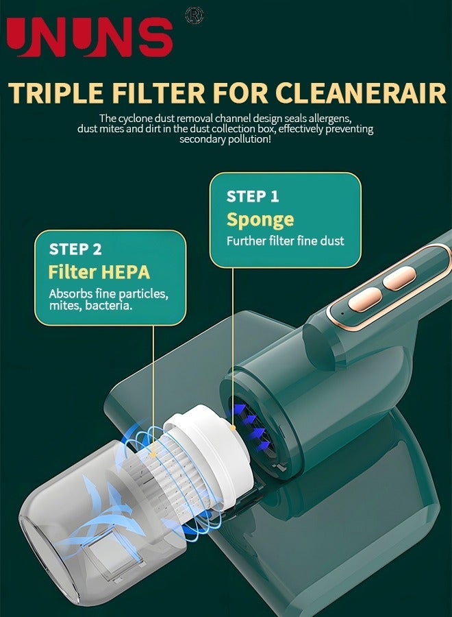 UNUNS مكنسة كهربائية للسرير، منظف عث الغبار 12KPa محمولة لتنظيف المراتب بتردد عالي مزدوج الأشعة فوق البنفسجية مناسبة للفراش، الأريكة، والأسطح القماشية الأخرى - Image 2