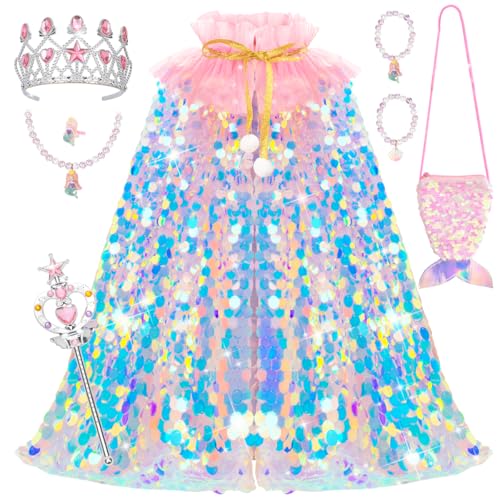 Meland Princess Dress Up for Girls 3-8, 11Pcs Mermaid Cape with Crown, Dress Up Clothes Birthday Gift Toys for Girls Toddlers - Image 1
