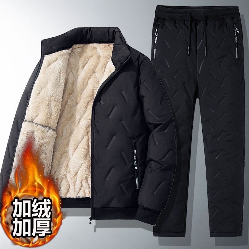 Winter Men'S A Set Of Fleece-Lined Padded Lamb Fleece Loose Dad Plus Size Cotton-Padded Jacket Warm Cotton-Padded Jacket Two-Piece Suit - Image 3