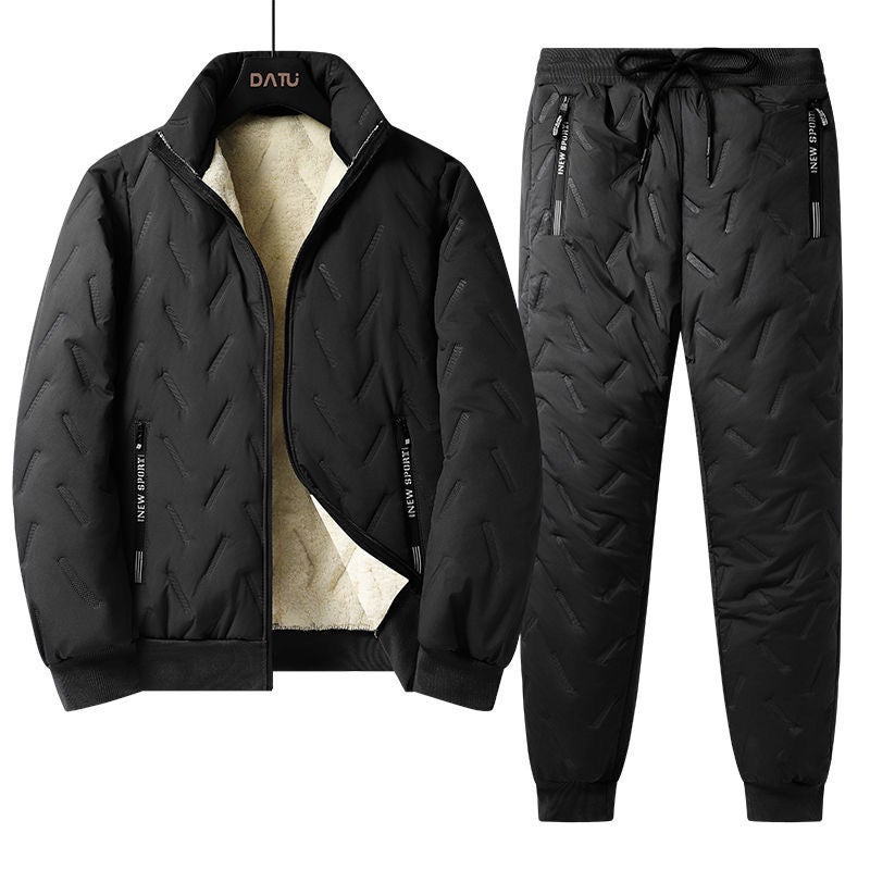 Winter Men'S A Set Of Fleece-Lined Padded Lamb Fleece Loose Dad Plus Size Cotton-Padded Jacket Warm Cotton-Padded Jacket Two-Piece Suit - Image 5