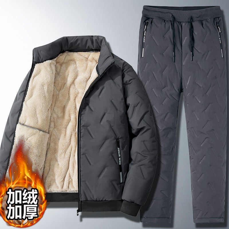 Winter Men'S A Set Of Fleece-Lined Padded Lamb Fleece Loose Dad Plus Size Cotton-Padded Jacket Warm Cotton-Padded Jacket Two-Piece Suit - Image 2
