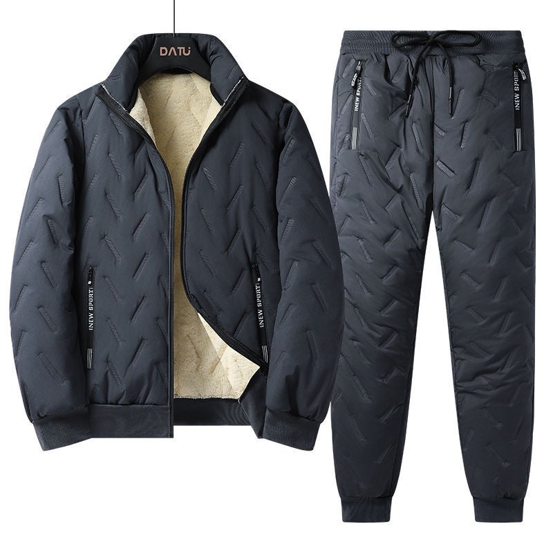 Winter Men'S A Set Of Fleece-Lined Padded Lamb Fleece Loose Dad Plus Size Cotton-Padded Jacket Warm Cotton-Padded Jacket Two-Piece Suit - Image 4