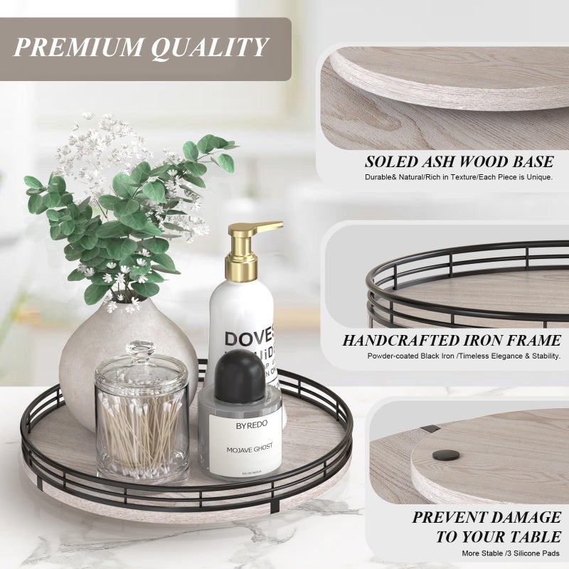 AMH 10" Oak Bathroom Vanity Tray Turntable for Perfume Candle, Round Wooden Decorative Tray for Kitchen Sink Countertop Organizer, Bathroom Counter Organizer for Skincare Makeup, Rustic Whitewased - Image 5