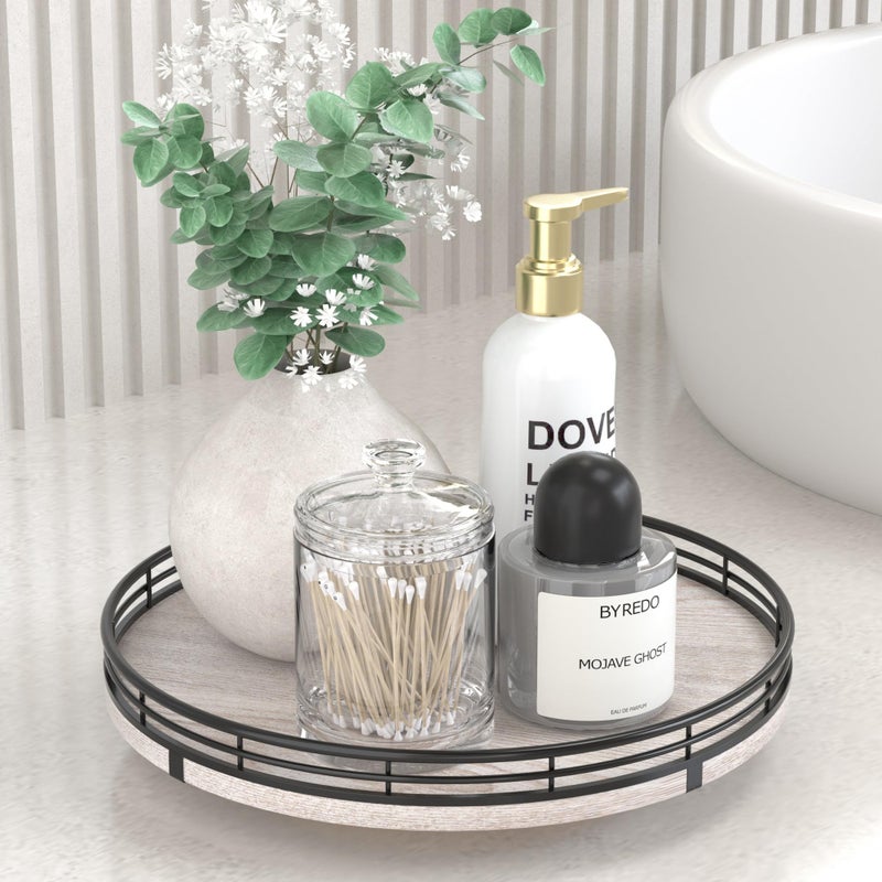 AMH 10" Oak Bathroom Vanity Tray Turntable for Perfume Candle, Round Wooden Decorative Tray for Kitchen Sink Countertop Organizer, Bathroom Counter Organizer for Skincare Makeup, Rustic Whitewased - Image 1