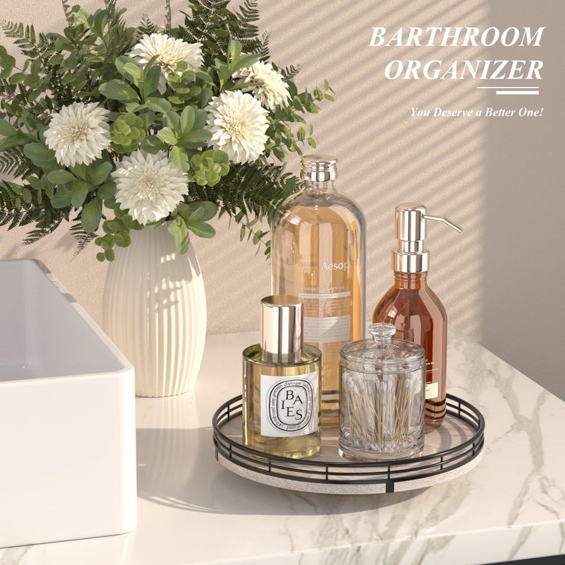 AMH 10" Oak Bathroom Vanity Tray Turntable for Perfume Candle, Round Wooden Decorative Tray for Kitchen Sink Countertop Organizer, Bathroom Counter Organizer for Skincare Makeup, Rustic Whitewased - Image 2