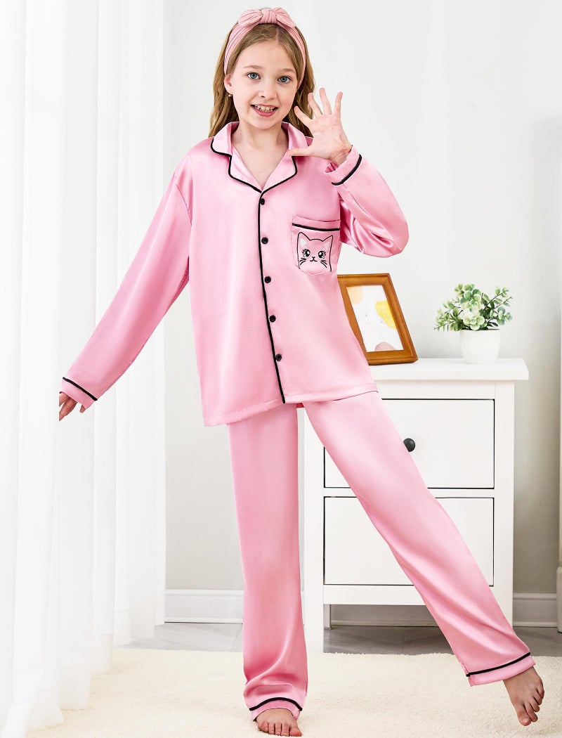 Mikrdoo Kids Silk Pajamas Girls: 2 Piece Silk Satin Long Sleeve PJs for Kids Loungewear Set, Pink, 11-12Years - Image 2
