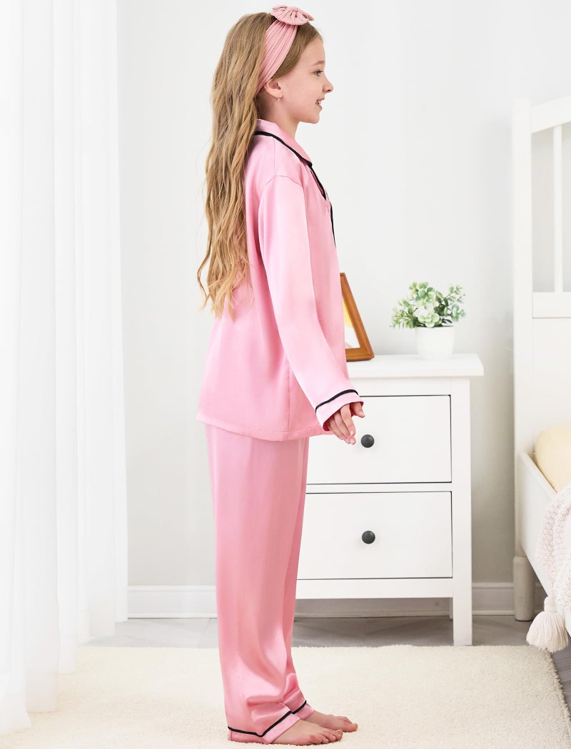 Mikrdoo Kids Silk Pajamas Girls: 2 Piece Silk Satin Long Sleeve PJs for Kids Loungewear Set, Pink, 11-12Years - Image 3