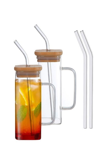 Set of 2 Square Borosilicate Glass Jars with Bamboo Lids, Glass Straws & Handles – 400ML Can-Shaped Drinking Cups for Juices, Coffee, Iced Tea & Smoothies