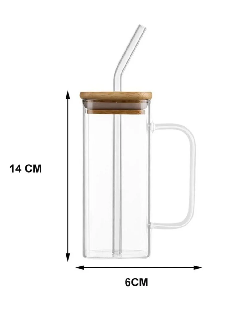 1Chase Set of 2 Square Borosilicate Glass Jars with Bamboo Lids, Glass Straws & Handles – 400ML Can-Shaped Drinking Cups for Juices, Coffee, Iced Tea & Smoothies