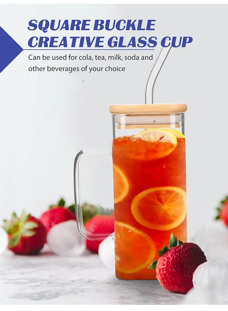 1Chase Set of 2 Square Borosilicate Glass Jars with Bamboo Lids, Glass Straws & Handles – 400ML Can-Shaped Drinking Cups for Juices, Coffee, Iced Tea & Smoothies