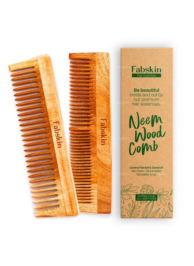 Fabskin Fabskin Neem Wooden Comb For Men & Women | Set Of 2 | Detangling, Hair Growth, Frizz Control & Shine | Graduated & Wide Tooth Comb | For All Hair Types  - Image 1