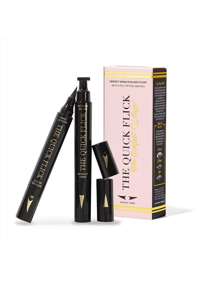 The Quick Flick Wings Eyeliner Stamp, Felt-Tip Liquid Eyeliner, Water-and-Smudge-Proof Cat Eyeliner, Intense Black Liquid Eyeliner Pen, Modest 10mm (4mm Thickest) Winged Eyeliner Stamp, 2 Pens - Image 1