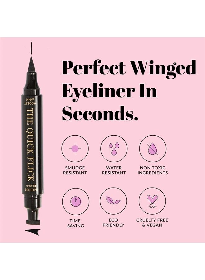 The Quick Flick Wings Eyeliner Stamp, Felt-Tip Liquid Eyeliner, Water-and-Smudge-Proof Cat Eyeliner, Intense Black Liquid Eyeliner Pen, Modest 10mm (4mm Thickest) Winged Eyeliner Stamp, 2 Pens - Image 4