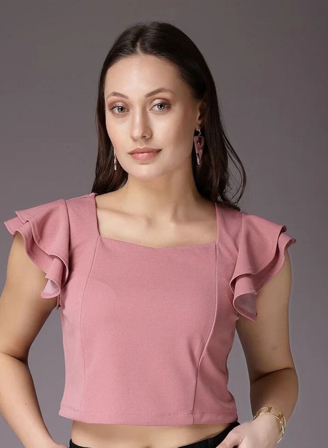Freehand Freehand Women Light Pink Fitted Crop Top with Ruffle Sleeve