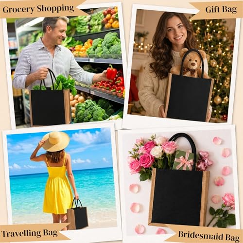 SOUJOY 6 Pack Burlap Tote Bags Reusable Gift Tote with Handles Black Jute Beach Bags Canvas Grocery Shopping Tote for Bridesmaid DIY Shopping Pool Wedding Bag - Image 3