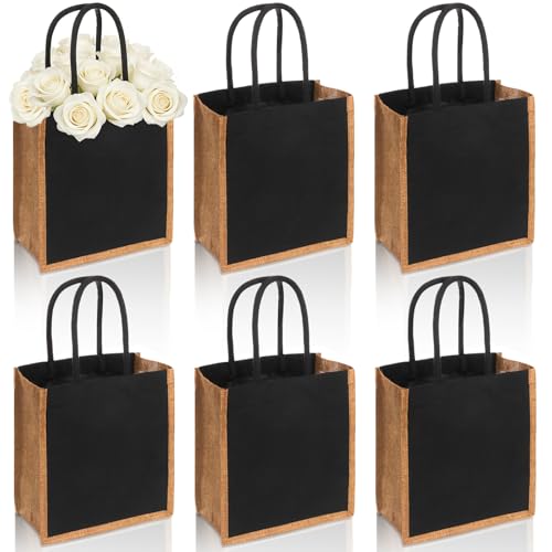 SOUJOY 6 Pack Burlap Tote Bags Reusable Gift Tote with Handles Black Jute Beach Bags Canvas Grocery Shopping Tote for Bridesmaid DIY Shopping Pool Wedding Bag - Image 1