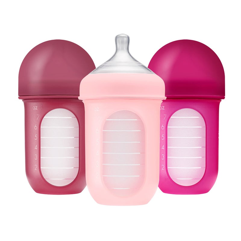 BOON Boon Nursh Reusable Silicone Pouch Baby Bottles Medium Flow Nipple Silicone Baby Bottle Pouch and Nipple Baby Feeding Essentials Pink 36 Months 3 Count 8 Ounce 