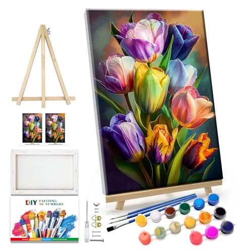 JOOZ Paint by Numbers Kit for Adults Flowers Paint by Number with Frame Floral Paint by Number with Easel Tulip Digital Oil Painting Kits for Gift Home Wall Decor 7.87x11.81 Inch - Image 1