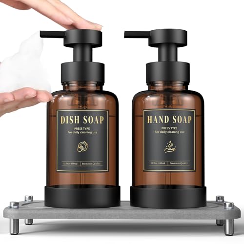 Luxspire Foaming Soap Dispenser NonSlip Hand Soap Dispenser with Fast Drying Tray 15oz Glass Refillable Liquid Bottle for Bathroom Kitchen 2 Pack Brown Dark Gray - Image 1
