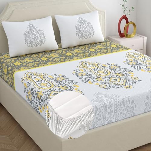 Dreamscape 100% Cotton King Fitted Printed Bedsheet with 2 Pillow Covers - (Size 72 x 78 inches, 200 TC, Colour - Grey: Pewter Grey) - Image 1