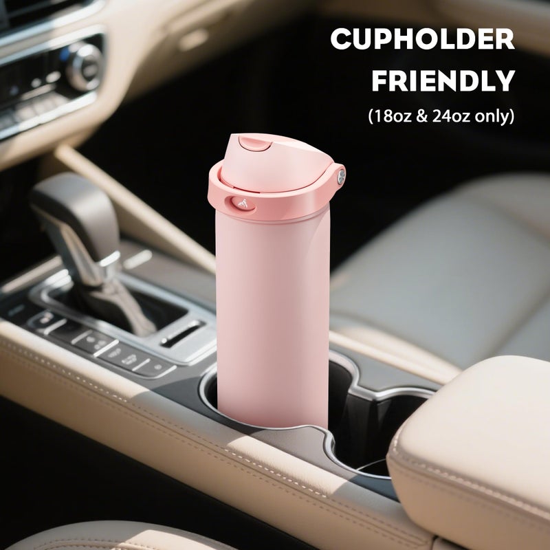 POWCAN 18 oz Insulated Water Bottle: 2-in-1 Push-Button Spout & Quick-Flip Straw, Leakproof, Cold 24Hrs, Fits Car Cup Holder, Stainless Steel Water Bottle for Sports, Travel, School (Cotton Candy) - Image 5
