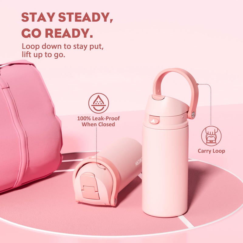 POWCAN 18 oz Insulated Water Bottle: 2-in-1 Push-Button Spout & Quick-Flip Straw, Leakproof, Cold 24Hrs, Fits Car Cup Holder, Stainless Steel Water Bottle for Sports, Travel, School (Cotton Candy) - Image 4