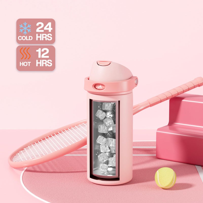 POWCAN 18 oz Insulated Water Bottle: 2-in-1 Push-Button Spout & Quick-Flip Straw, Leakproof, Cold 24Hrs, Fits Car Cup Holder, Stainless Steel Water Bottle for Sports, Travel, School (Cotton Candy) - Image 3